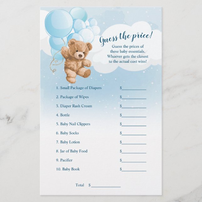 Flyer Blue Teddy Bear Adivinan El Juego De Baby Shower D (Frente)