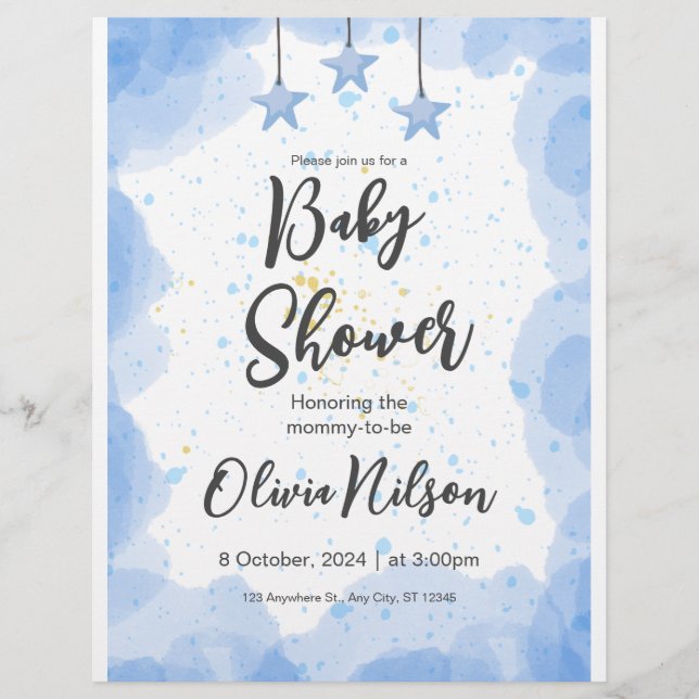 Flyer Blue Watercolor Baby Shower, Oh Boy Baby Shower (Frente)