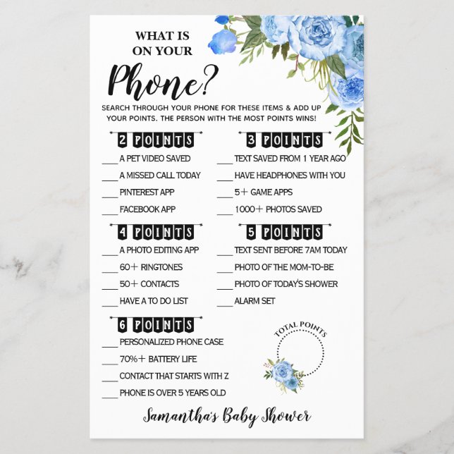 Flyer Blue What on your Phone Baby Shower Game card (Frente)