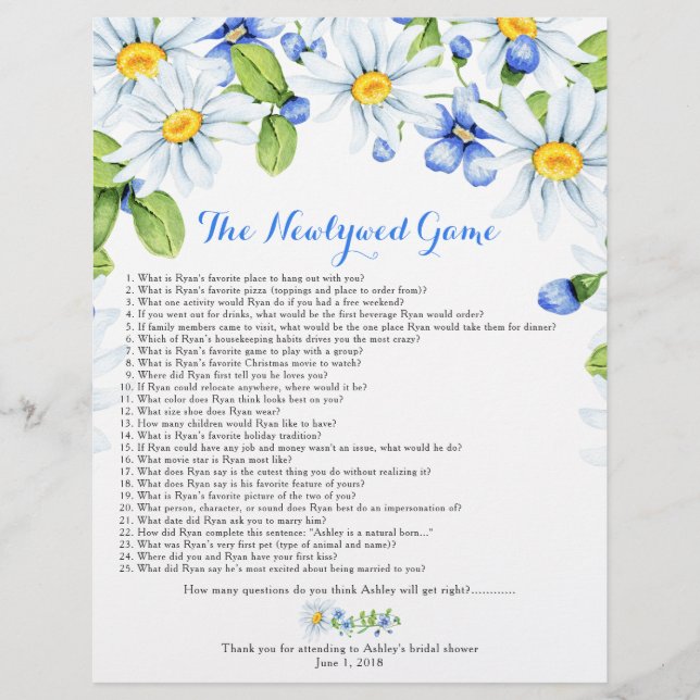 Flyer Blue White Daisy Floral Bridal Shower Games (Frente)