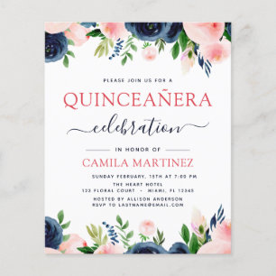 Flyer Blush Rosa Azul Marino Floral Quinceañera Presupue
