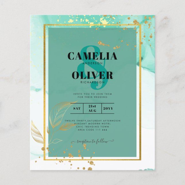 Flyer Boda abstracta con tinta alcohólica dorada verde m (Frente)