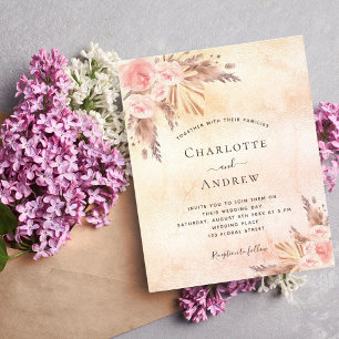 Flyer Boda boho pampas césped rosa presupuesto de oro