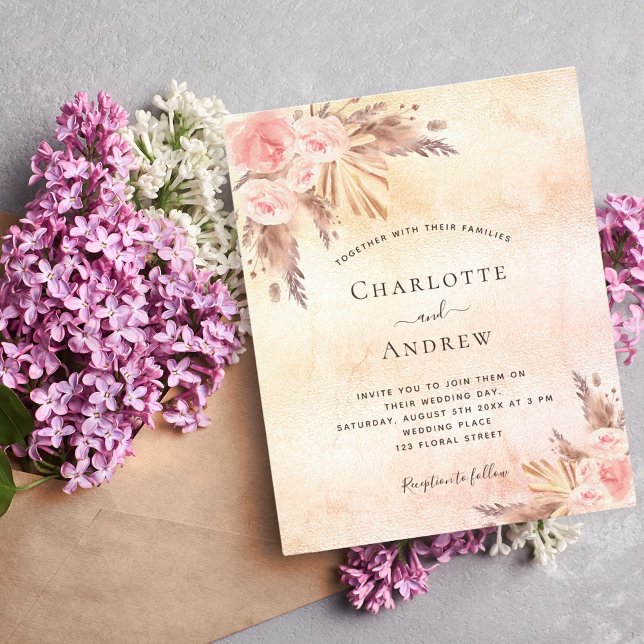 Flyer Boda boho pampas césped rosa presupuesto de oro (Subido por el creador)