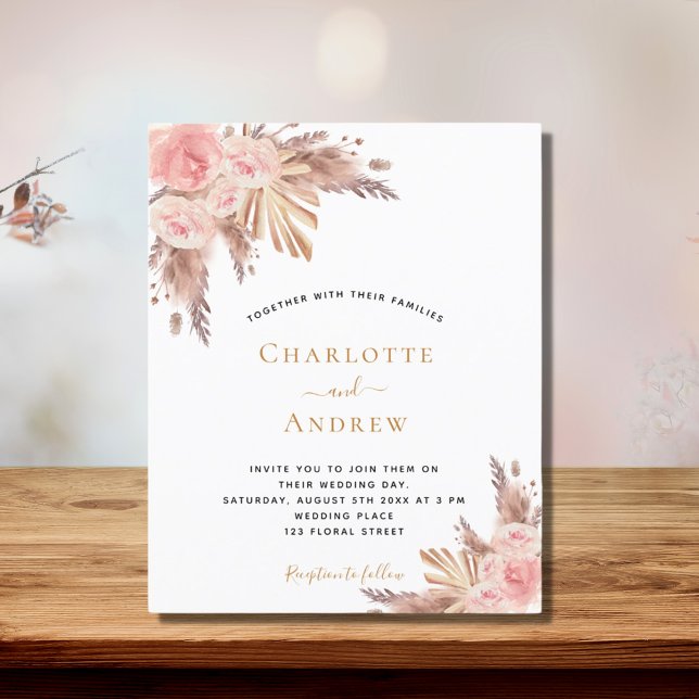 Flyer Boda boho pampas césped rosa presupuesto de oro (Subido por el creador)