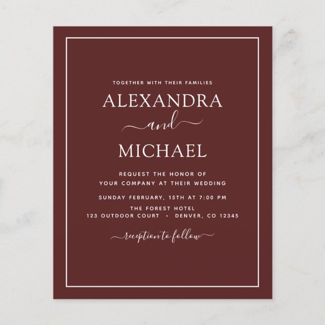 Flyer Boda Borgoña de presupuesto con foto invitación Fl (Frente)