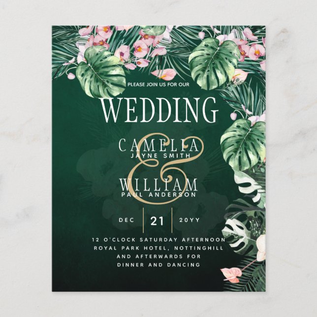 Flyer Boda Botánico Rosa Verde Tropical LeahG (Frente)