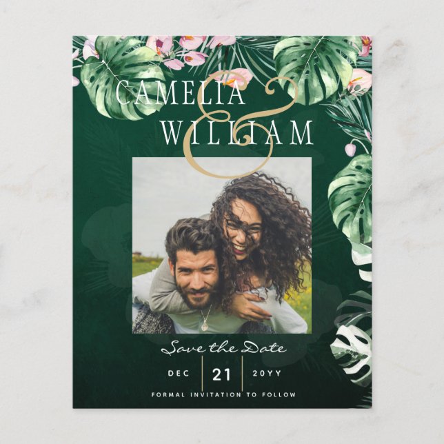 Flyer Boda Botánico Rosa Verde Tropical LeahG (Frente)