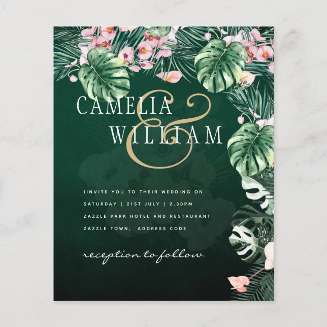 Flyer Boda Botánico Rosa Verde Tropical LeahG (Frente)