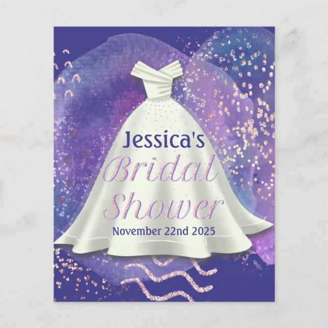 Flyer Boda Bridal Shower Gown Purple & Rosa Gold Glam (Frente)