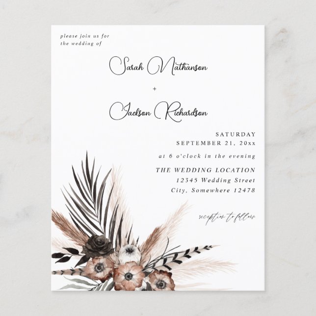 Flyer Boda de Boho floral natural y negro de presupuesto (Frente)