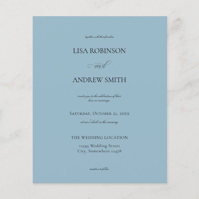 Flyer Boda de caligrafía azul y agitado presupuesto (Frente)