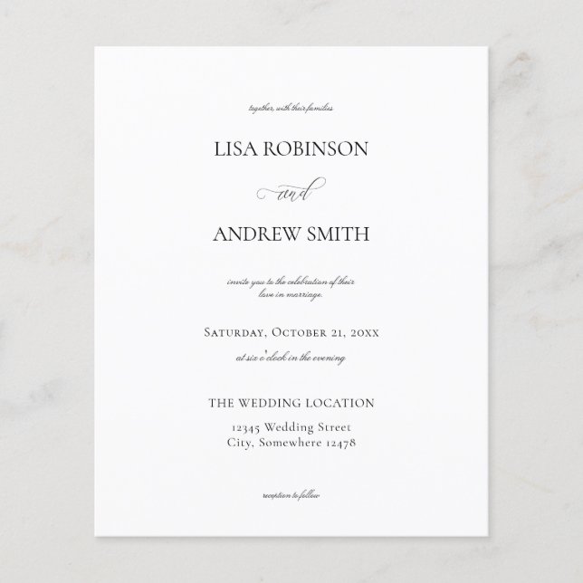 Flyer Boda de caligrafía blanca de presupuesto (Frente)