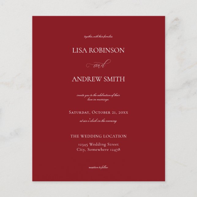 Flyer Boda de caligrafía de Borgoña de presupuesto (Frente)