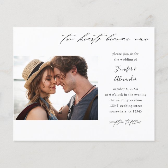 Flyer Boda de caligrafía fotográfica de Budget Two Heart (Frente)