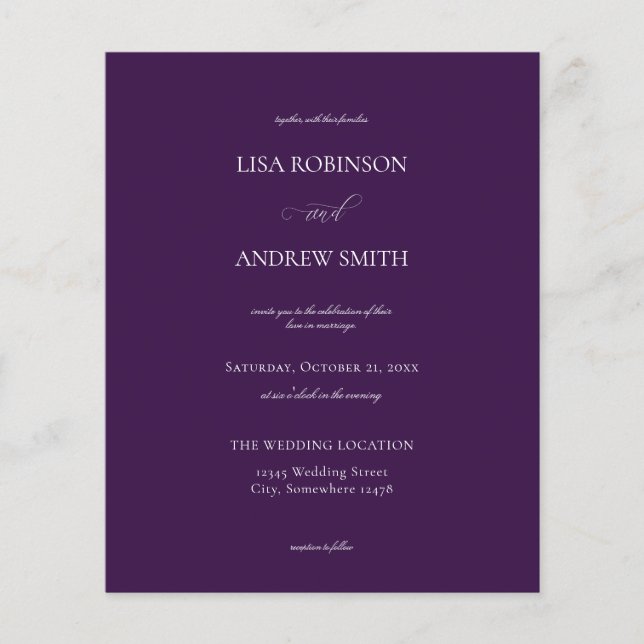 Flyer Boda de caligrafía púrpura violeta oscura de presu (Frente)