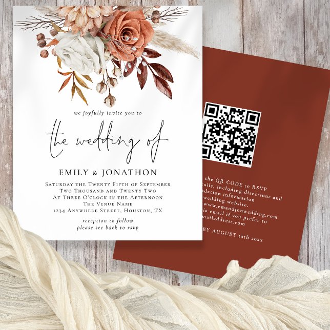 Flyer Boda de código QR de Terracotta Florals Rustic Pre (Front and back view - value paper option)