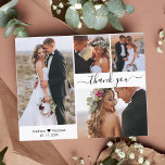 Flyer Boda de Collages de fotos de presupuesto 4 guión d<br><div class="desc">Presupuesto, Minimalista Elegante y Moderno Script 4 Collage de fotos Boda Gracias folleto personalizado asequible de bajo presupuesto. Elegante boda de agradecimiento plantilla de papel con cuatro (4) fotos en la parte delantera y una foto en la parte posterior. Con el texto "Gracias" en una letra de escritura tipográfica con...</div>