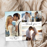 Flyer Boda de Collages de fotos de presupuesto 4 guión d<br><div class="desc">Presupuesto, Minimalista Elegante y Moderno Script 4 Collage de fotos Boda Gracias folleto personalizado asequible de bajo presupuesto. Elegante boda de agradecimiento plantilla de papel con cuatro (4) fotos en la parte delantera y una foto en la parte posterior. Con el texto "Gracias" en una letra de escritura tipográfica con...</div>