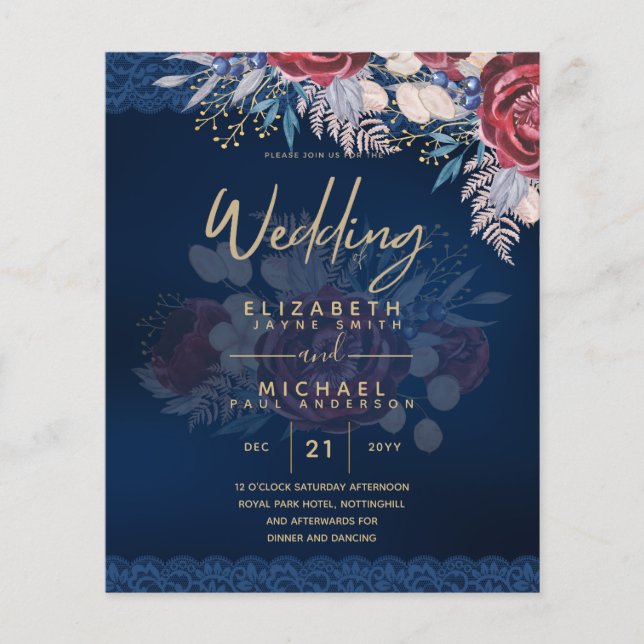 Flyer Boda de encaje floral de borgoña azul inagotable (Frente)