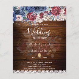 Flyer Boda de encaje floral de color azul borgoñona y ru