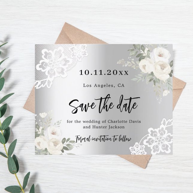 Flyer Boda de flores blancas plateadas Guardar la fecha (Subido por el creador)