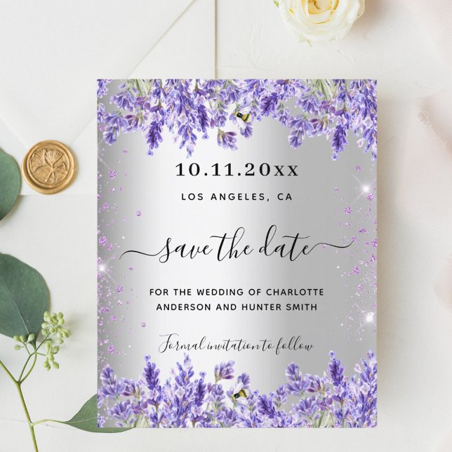 Flyer Boda de flores de lavanda plateada salva la fecha (Subido por el creador)