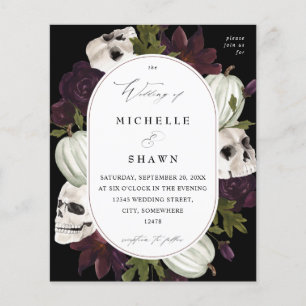 Flyer Boda de flores moradas y cráneo de Halloween