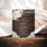 Flyer Boda de Flores Neutrales Rústicas del Boho de Pres<br><div class="desc">La invitación a la boda rústica Boho incluye luces de cuerda,  flores neutras y pasto pampa sobre un fondo de madera.</div>