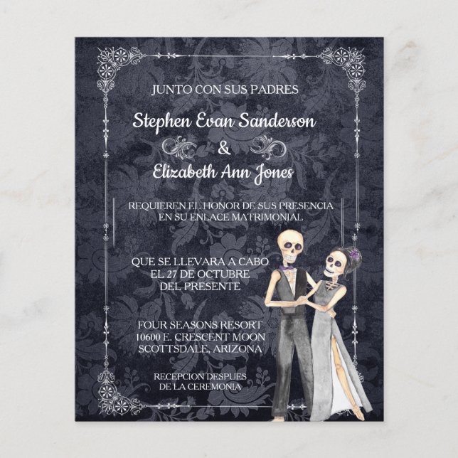 Flyer Boda de Halloween hispano esqueleta Día de los mue (Frente)