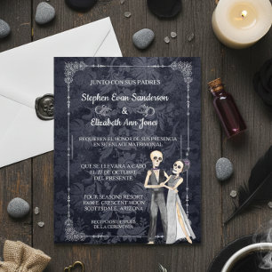 Flyer Boda de Halloween hispano esqueleta Día de los mue