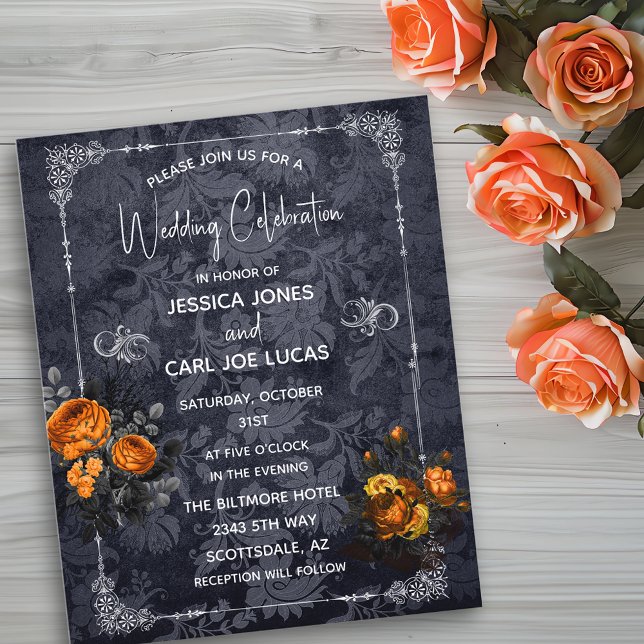 Flyer Boda de Halloween Ornato Floral de Rosa Naranja (Subido por el creador)