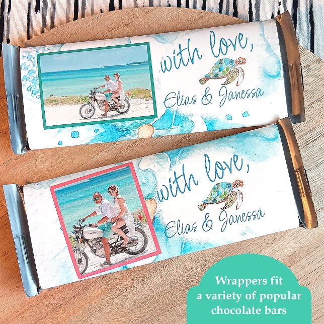 Flyer Boda de la tortuga azul de la barra de la golosina (tropical blue wedding party favor candy wrappers, personalized blue chocolate labels sea turtles)