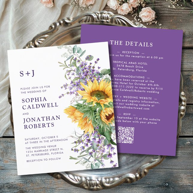 Flyer Boda de lavanda de girasol para todo presupuesto (Budget All in One Sunflower and Lavender Monogram Wedding Invitation Flyer)