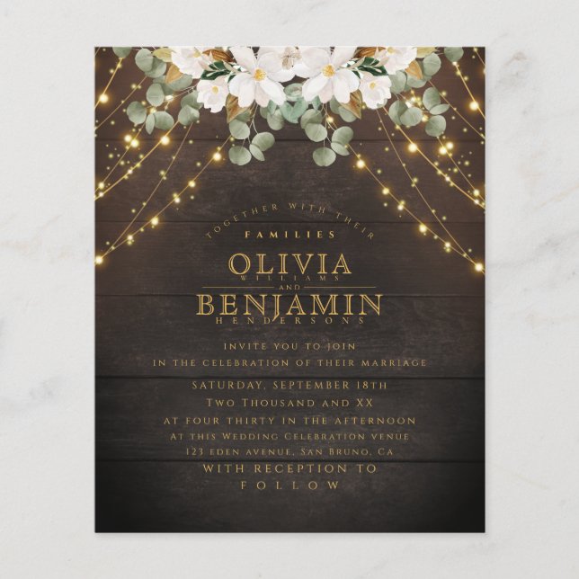 Flyer Boda de Luces de Cuerda Florales de Madera Rústica (Frente)