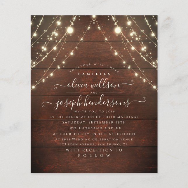 Flyer Boda de luces de madera rústica simple y elegante (Frente)