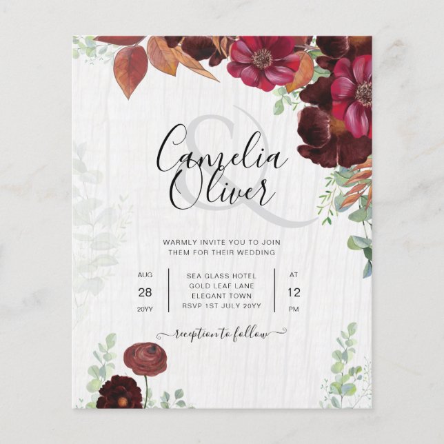 Flyer BODA de Maroon Borgoña de otoño rústico (Frente)
