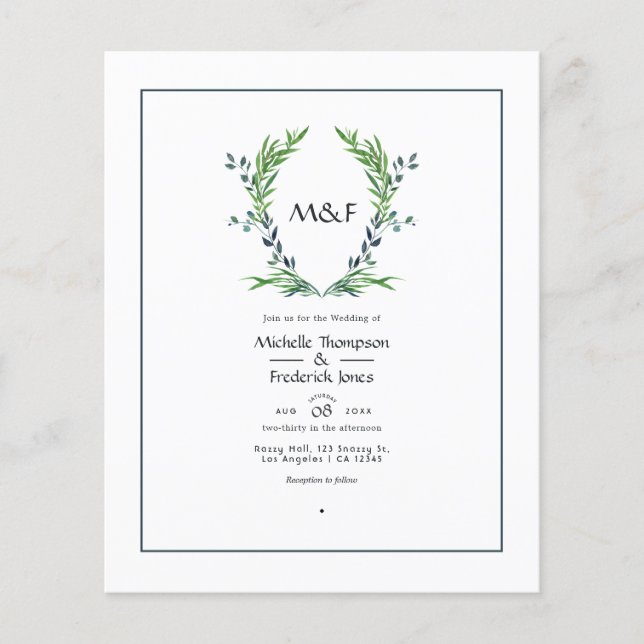 Flyer Boda de monograma de cresta de laurel con greenery (Frente)