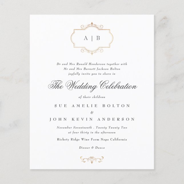 Flyer Boda de monograma de oro clásico romántico (Frente)