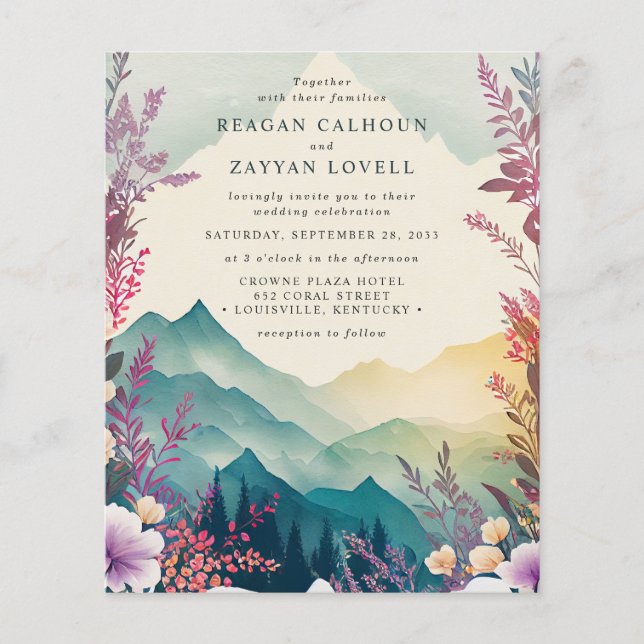 Flyer Boda de Montañas de Primavera Floral Acuarela (Frente)