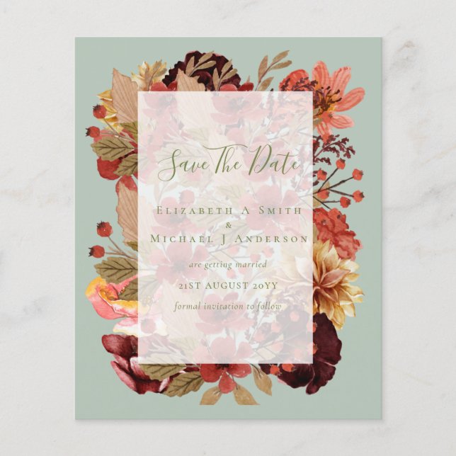 Flyer Boda de Otoño con Flores - PRESUPUESTO de Borgoña  (Frente)