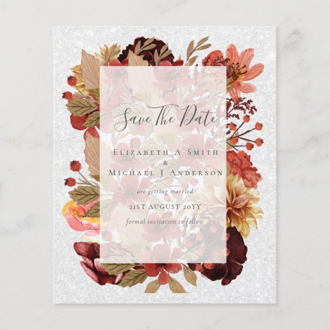 Flyer Boda de Otoño con Flores - PRESUPUESTO de Borgoña  (Frente)