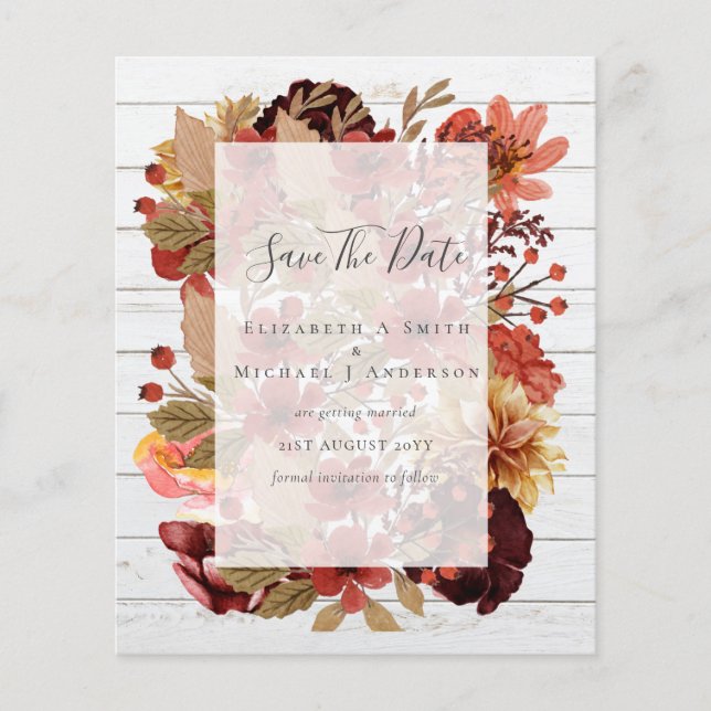 Flyer Boda de Otoño con Flores - PRESUPUESTO de Borgoña  (Frente)