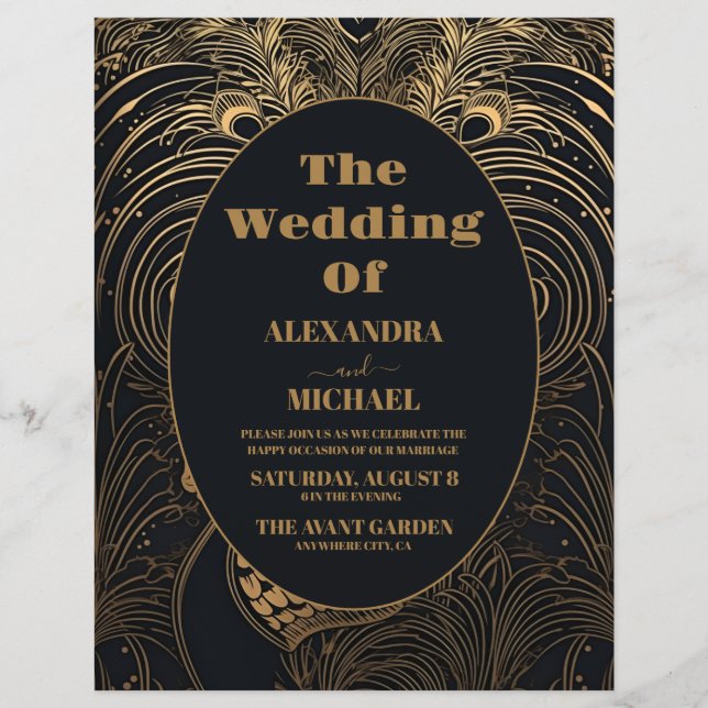 Flyer Boda de Peacocks Art Deco Elegante Presupuestario (Frente)