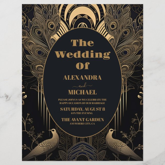 Flyer Boda de Peacocks Art Deco Elegante Presupuestario (Frente)