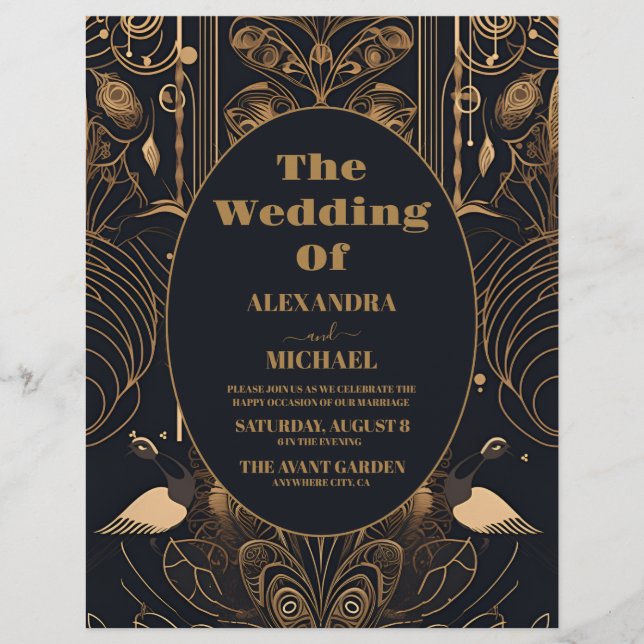 Flyer Boda de Peacocks Art Deco Elegante Presupuestario (Frente)