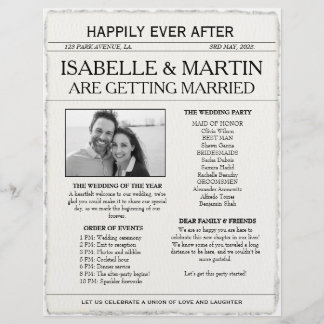 Flyer Boda de periódico en blanco y negro de estilo fals