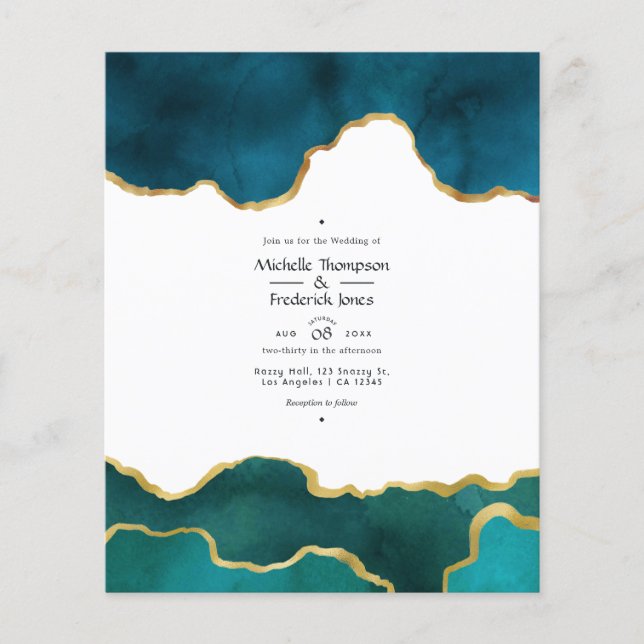 Flyer Boda de piedra de ágata geoda verde azulado y dora (Frente)