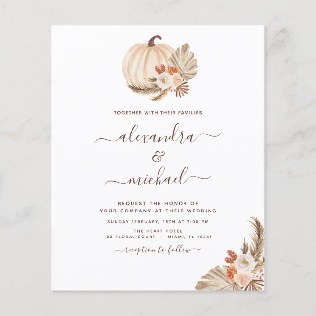 Flyer Boda de presupuesto Boho Pampas Calabaza Blanca Gr (Frente)