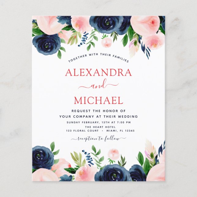 Flyer Boda de presupuesto Marina Azul Rubor Floral rosa (Frente)